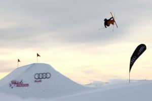 WANAKA, NEW ZEALAND - AUGUST 28: James Woods of Great Britain competes in the FIS Freestyle Ski World Cup Slopestyle Finals during the Winter Games NZ at Cardrona Alpine Resort on August 28, 2015 in Wanaka, New Zealand. (Photo by Neil Kerr/Getty Images)